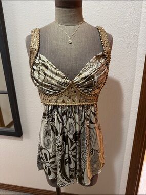 Fabulous SKY Silk Etched Leather Embellished Sexy Goddess Top-Like New
